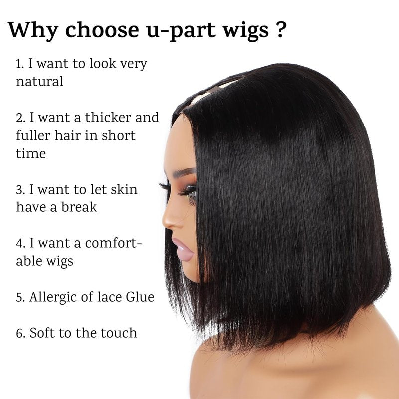 U Part Wig Human Hair - 12A Straight Bobo Wig, 180% Density | Beginner Friendly, 8-Inch, No Glue, Clip-In