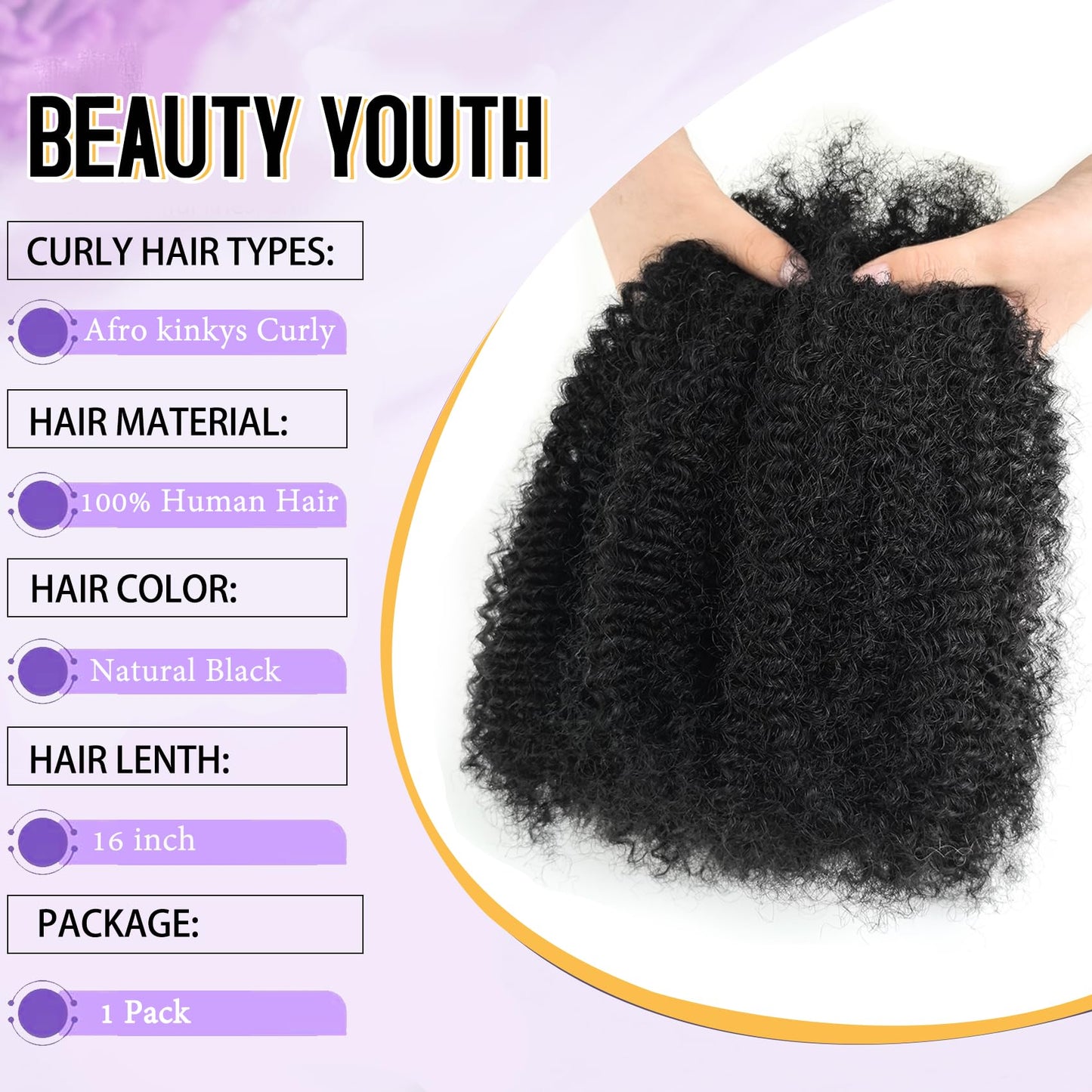 16 Inch Afro Kinky-Curly Human Hair Bundles Black Human Kinkycurly Bulk for Twist Afro Kinkys Bulk Human Hair for Mini Twist,Repair Locs, Dreadlock Extensions