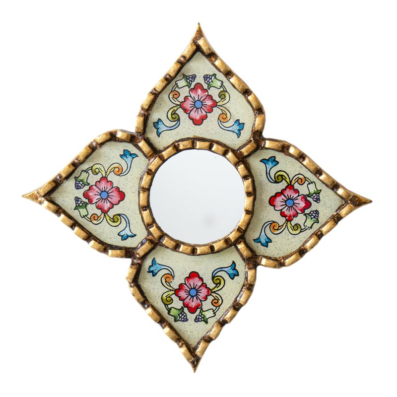 DecorContreras Small Peruvian Mirror, Handmade Artisan Mirror Wall Decor, Reverse Painted Glass Diamond Shape Mirrors 8.26" (Beige)