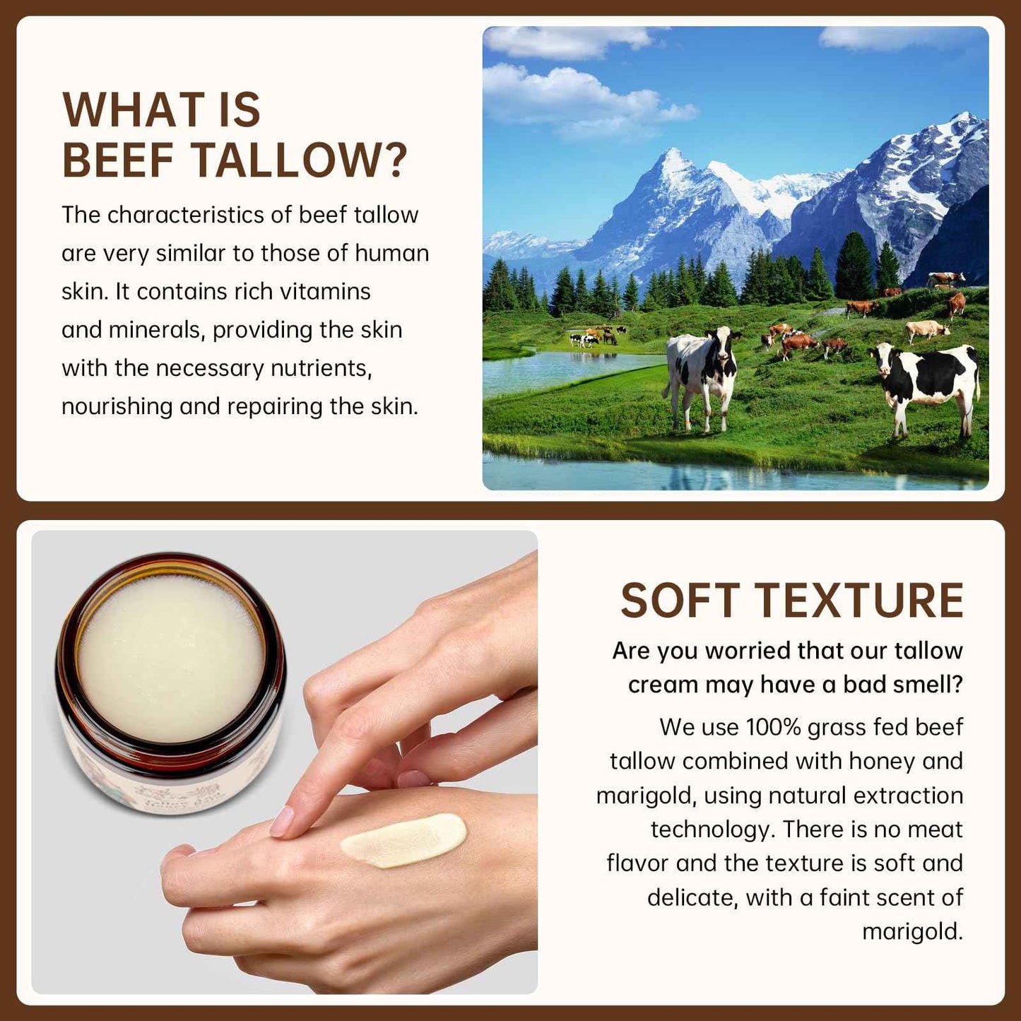 Grass Fed Beef Tallow and Honey Balm For Skin, Organic Beef Tallow Face Cream For Dry Skin, Deep Moisturizing Tallow Body Butter Lotion For Cracked Skin Care, 2 OZ Beef Tallow Moisturizer, 2 PCS.