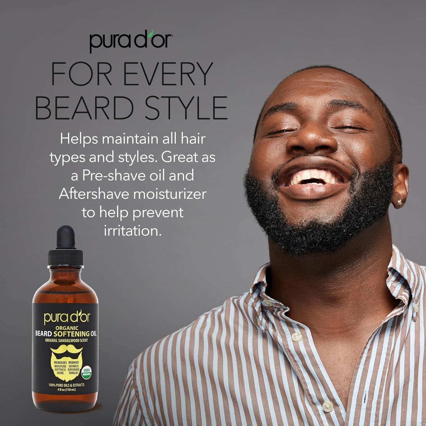 PURA D'OR Organic Beard Softening Oil - Sandalwood Scent | Argan & Jojoba Oil for Softness & Strength - 4 Oz
