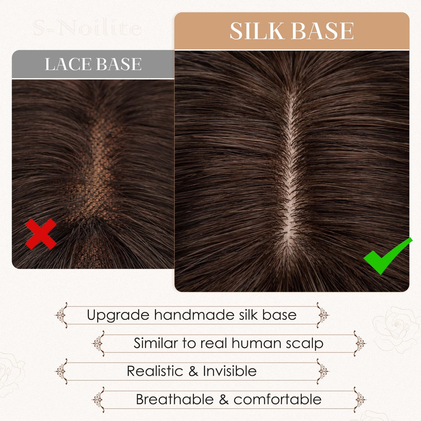 S-noilite Human Hair Toppers for Women with Bangs 100% Real Human Hairpiece 5"x3" Clip in Silk Base Topper Piece Cover Thinning Fine Hair 12 inch Chocolate Brown