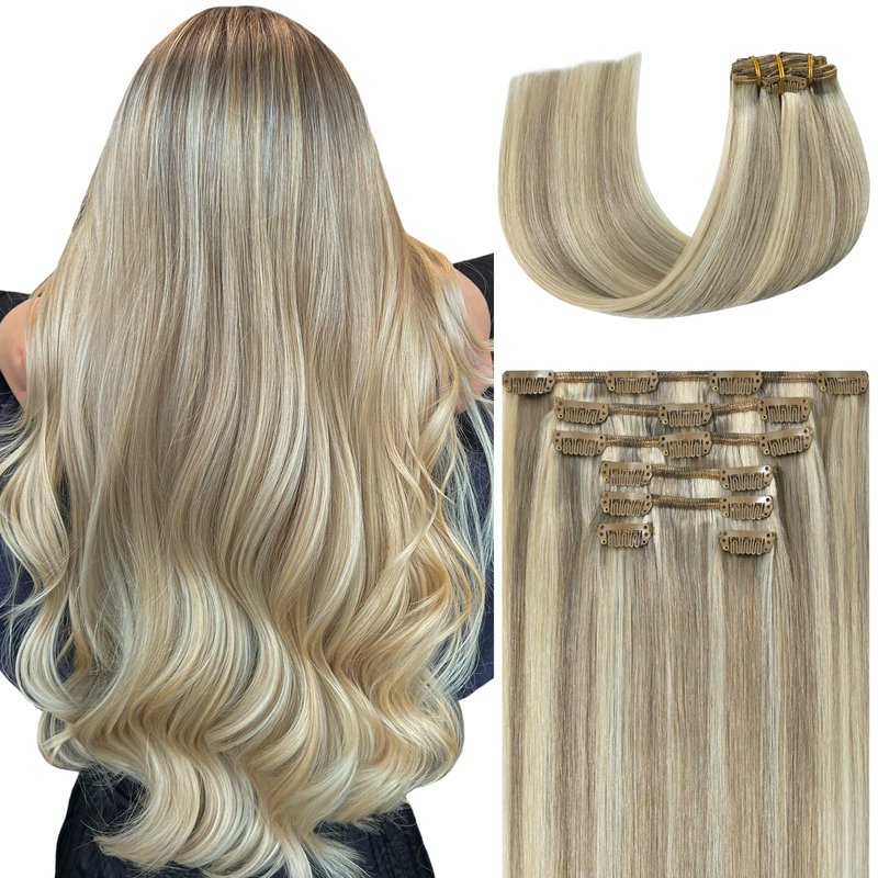 Ukira Ash Blonde Hair Extensions Clip in Real Human Hair, 12 Inch 75g 7pcs 18/613 Mixed Bleach Blonde Clip in Hair Extensions Real Human Hair, Natural Straight Remy Human Hair Clip ins for Women