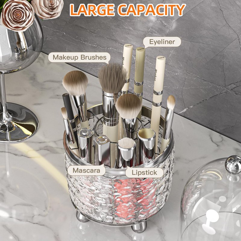 Makeup Brush Holder with Lid, 360° Rotating Makeup Brush Holder for Vanity, Dustproof Spinning Makeup Brush Organizer with Lid for Bathroom Countertop, Cosmetic Tools Organizer with Cover (Gray)
