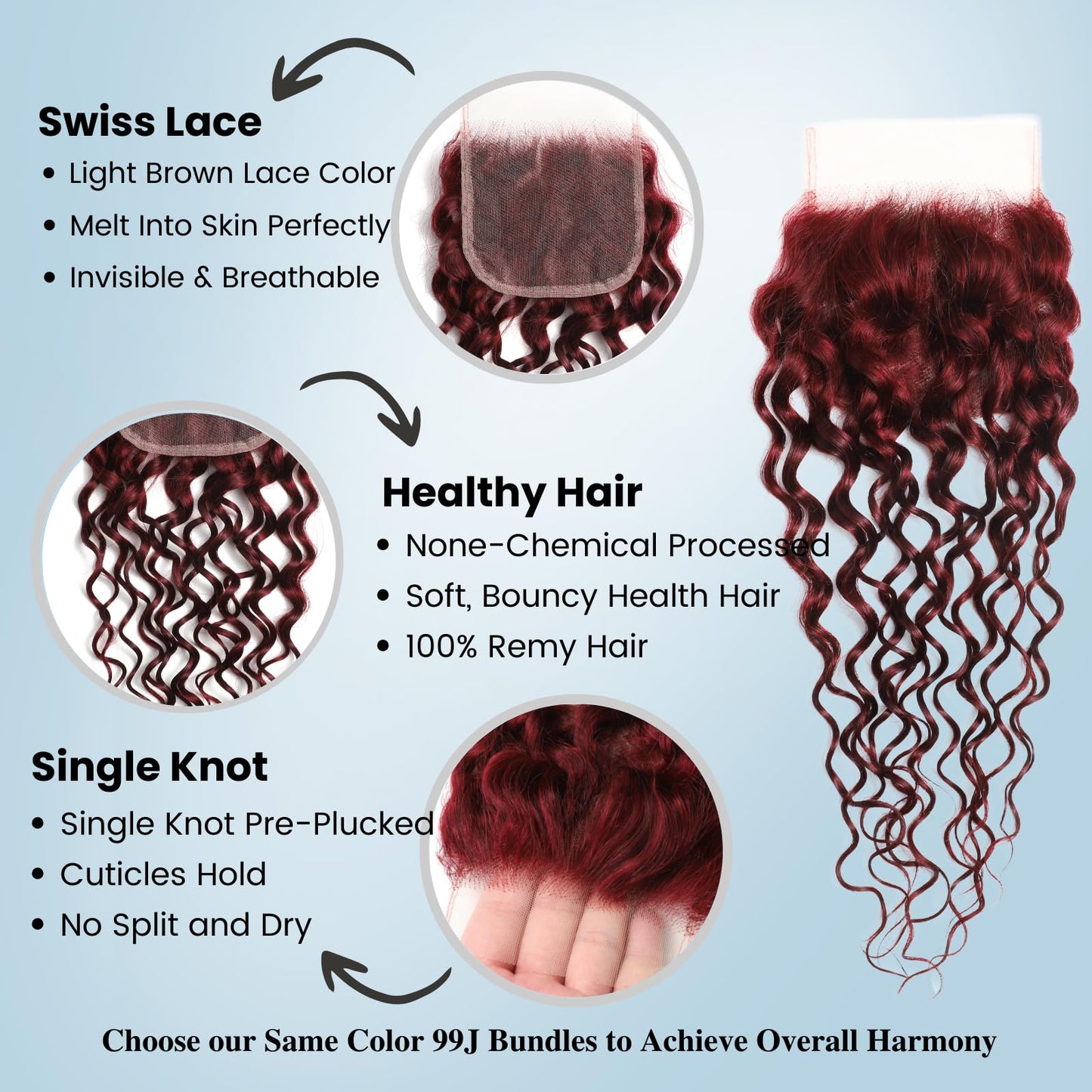 ALHER #99J Dark Red Burgundy Water Wave 2x6 HD Lace Closure Water Wave, 12A Invisible Single Knot Pre-Plucked Brazilian Human Hair Lace Closure Wet n Wavy Middle Part Baby Hair (150% Density, 12 Inch)