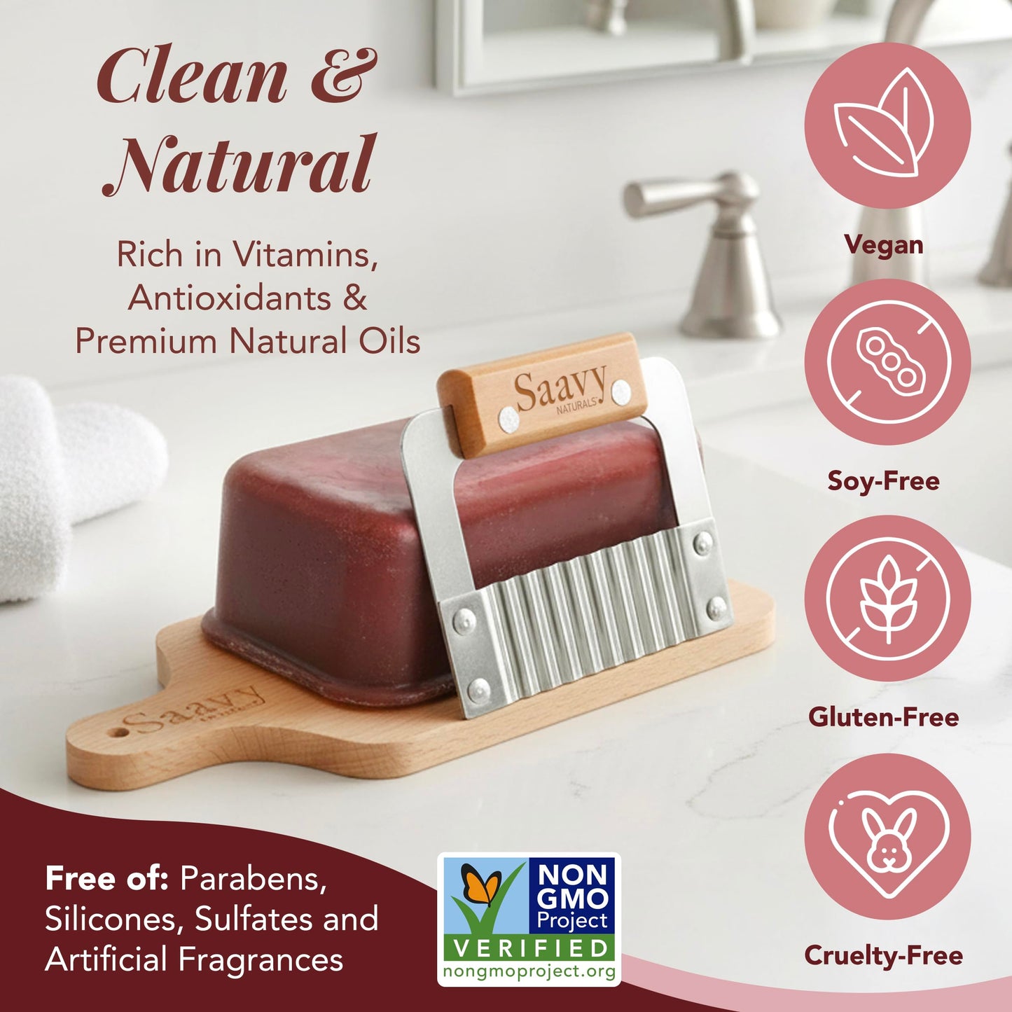 Saavy Naturals Hydrating & Purifying Artisan Soap Loaf with Cutter, & Wood Cutting Board – Plant-Based, Nourishing & Moisturizing Soap Gift for Men & Women – Patchouli Rose, 1lb