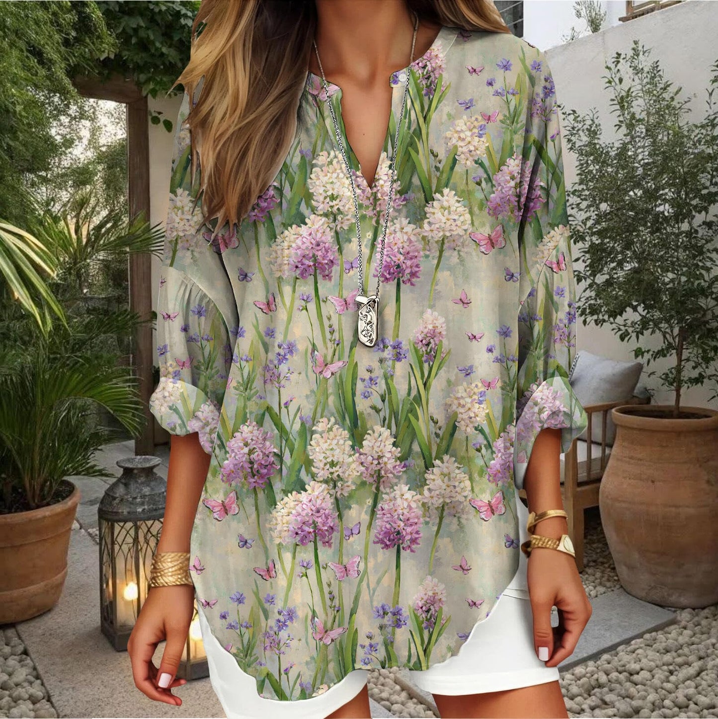 Purple Lavender Shirt for Womens Vintage Long Sleeve Curved Hem V Neck Casual Lightweight Loose Oil Painting Printed Shirts 2025 Trendy Work Tops 2XL