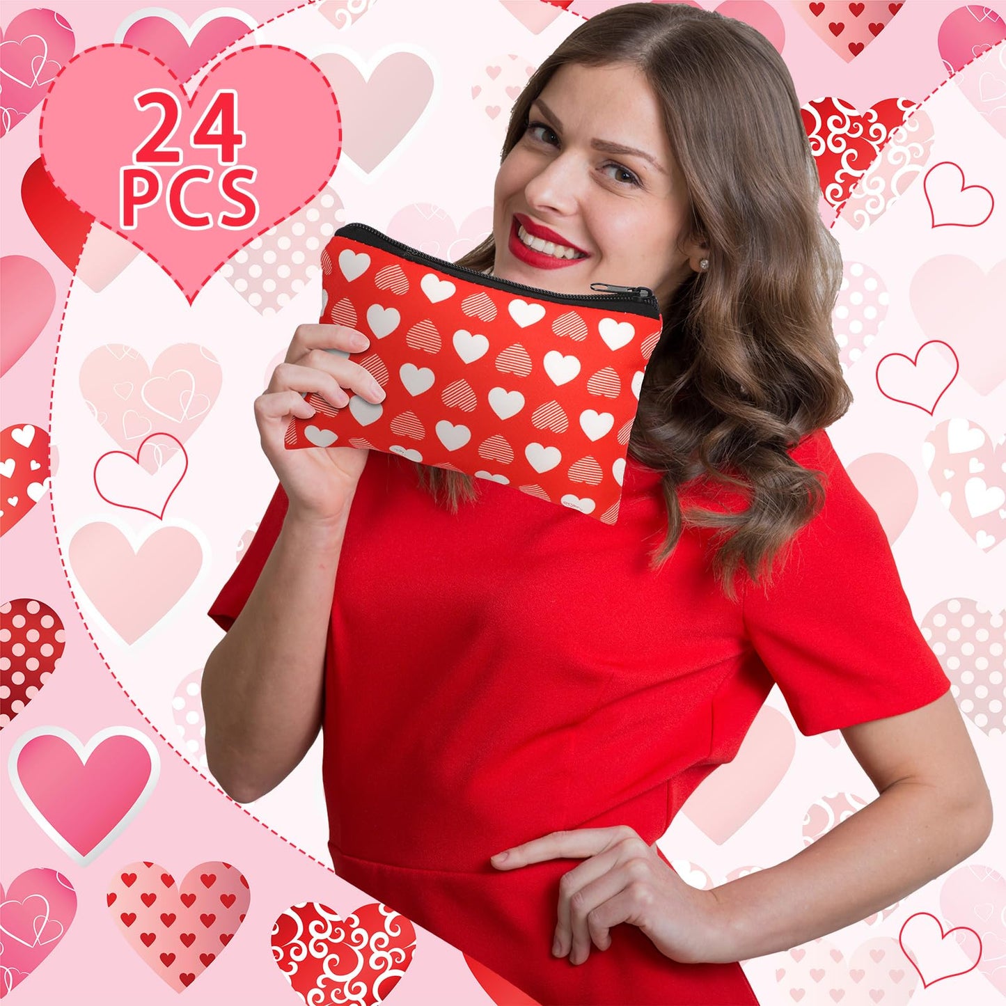 Abbylike 24 Pcs Valentines Day Gifts Bulk Valentines Makeup Bags for Women Cosmetic Bags Toiletry Zipper Pouch Valentine's Day Party Favors for Her(Stylish Style)