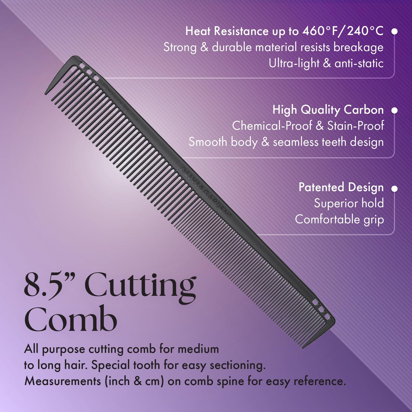 Olivia Garden CarbonLite Carbon Combs for Women and Men - Professional Hairdresser and Barber Accessories - Heat Resistant Up to 460 Degrees, 8.5" Cutting Comb