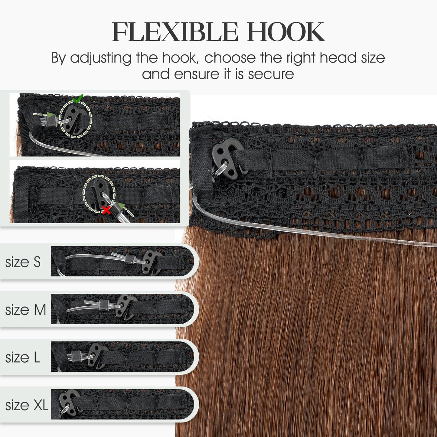 Charites Halo Hair Extensions Real Human Hair Invisible Wire Extensions with Transparent Fish Line Adjustable Size Medium Brown 12 inch