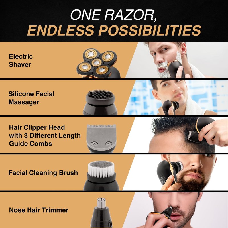 Asani 5 in 1 Electric Razor for Men and Women, USB Rechargeable and Waterproof Cordless Trimmer, Includes Rotating Bald Head Shaver, Nose Hair Trimmer, Beard Shaper, Silicone Brush, & Cleansing Brush