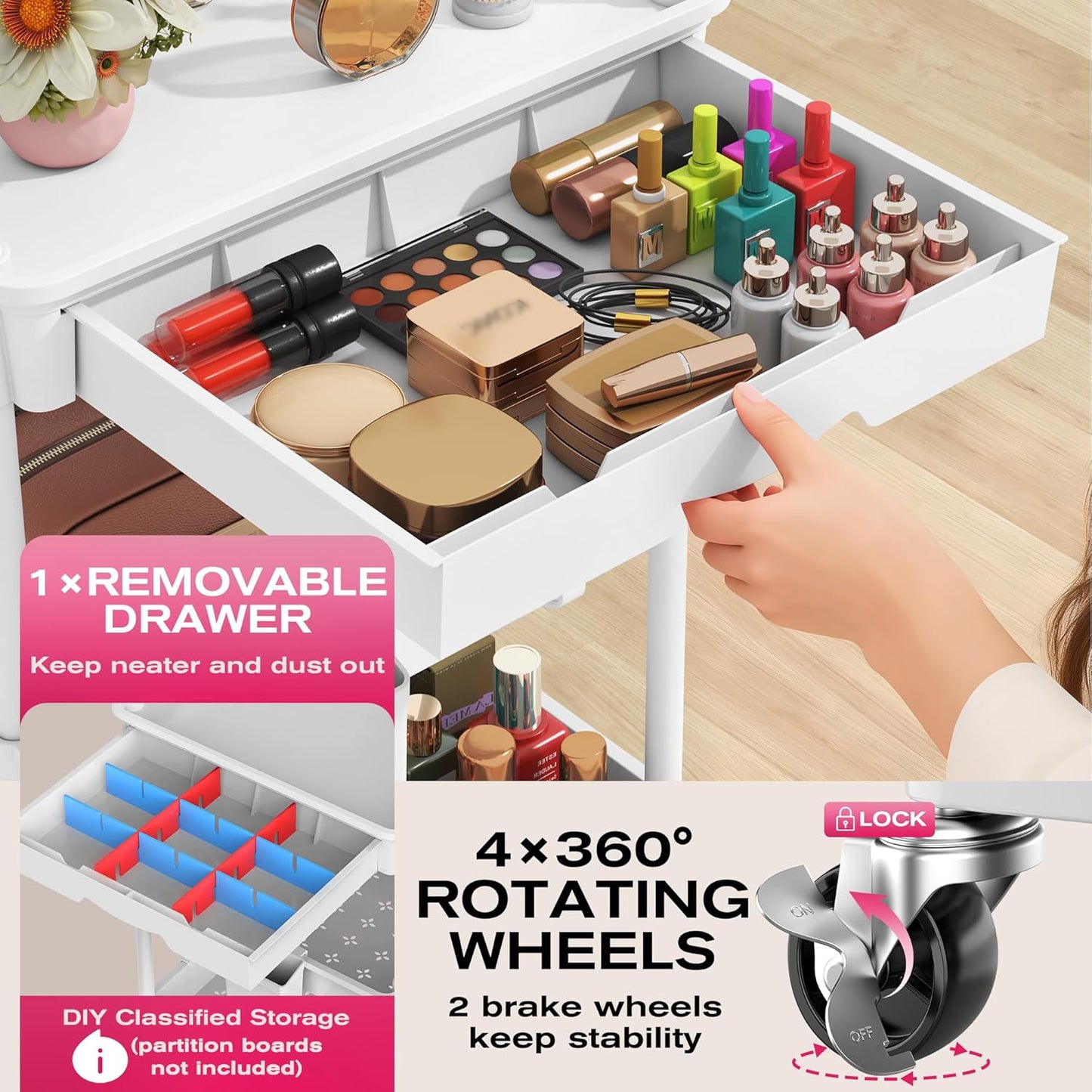 Rolling Makeup Organizer Cart - 4-Tier White Skincare Storage with Removable Drawer | Vanity & Beauty Display