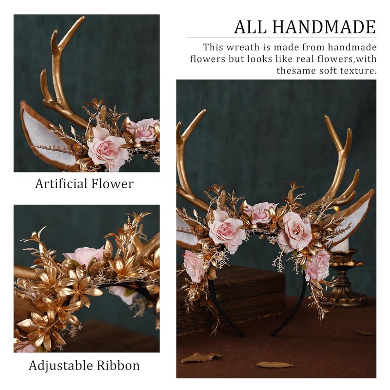 Handmade Gold Flower Antler Headband - Woodland Floral Reindeer Hairpiece for Women | Pink Rose Cosplay Accessory