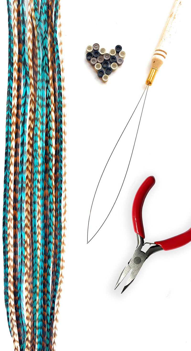 Feather Hair Extensions Kit, Contains Real Rooster Feathers, Loop Tool, Microlink Beads, and Small Pliers- Long Natural Colors with Turquoise Accessories
