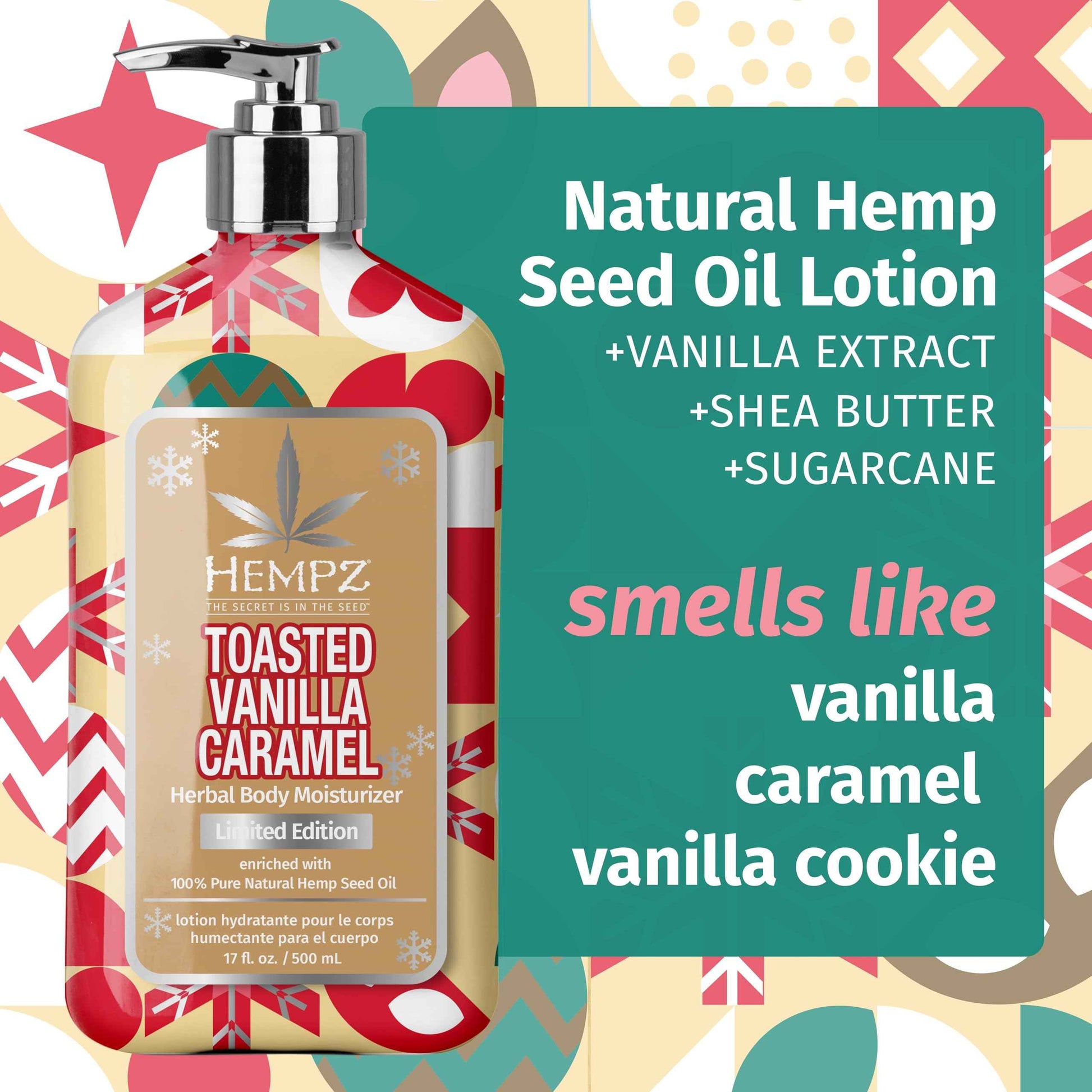 Hempz Toasted Vanilla Caramel Body Lotion, Moisturizer for men and women, Holiday Gifts, 17 oz