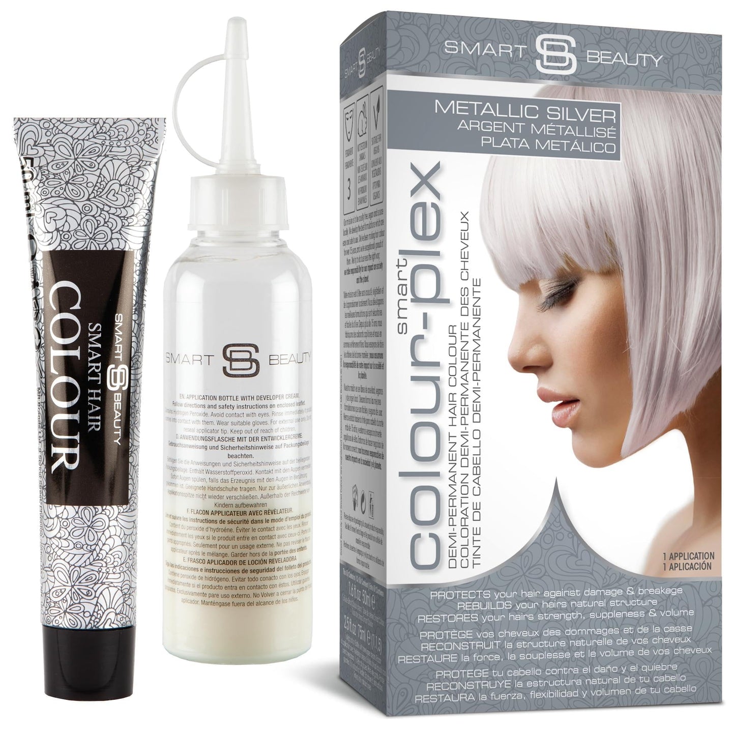 Smart Beauty Silver Metallic Hair Dye, Demi Permanent, Silver Toner for Bleached Hair, Plex Anti-Breakage Technology, Cruelty Free, Vegan, for Bleached/Pre-lightened Hair