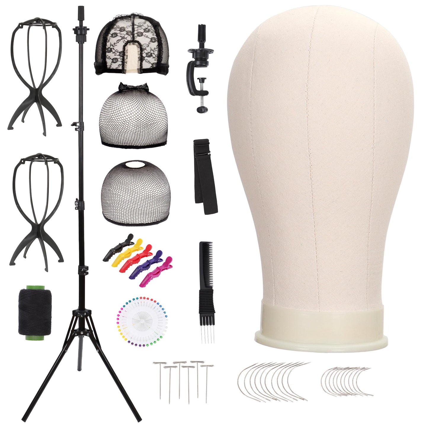 Wig Stand with Head 22 Inch Canvas Mannequin Head Set, 61'' Adjustable Tripod Wig Head Stand for Wig Making, Styling, Braiding, Professional Wig Mannequin Head Kit with T Pins, Wig Caps & Tools