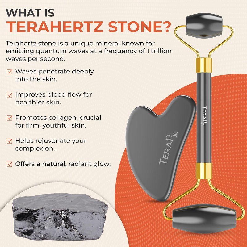 Terahertz Gua Sha & Facial Roller Set - Authentic Terahertz Stone for Puffiness Relief | Eye Massage & Relaxation