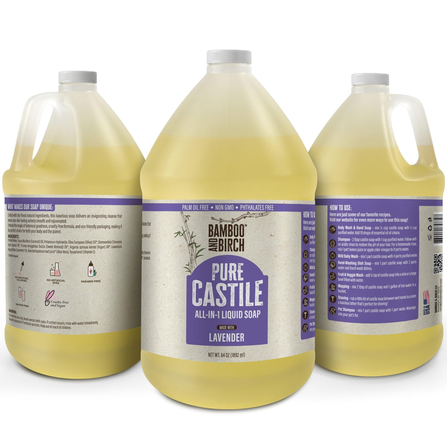 BAMBOO AND BIRCH Pure Castile Soap Liquid, Certified Palm Oil Free Natural Soap, Lavender, 1 Gallon