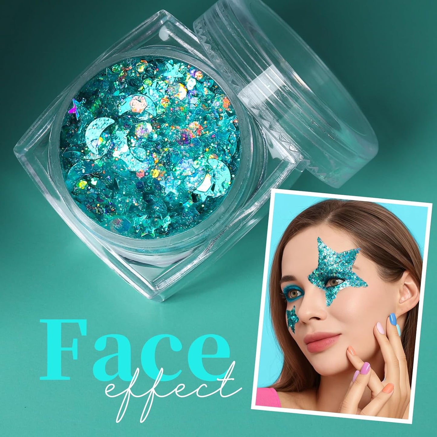 Teenitor Face Glitter Body Glitter, Clear White Body Glitter Gel, Hair Glitter Gel, 6 Shapes Rave Glitter, Mermaid Sequins Makeup Glitters Face Paint, Chunky Sparkling Glitter Gel for Women