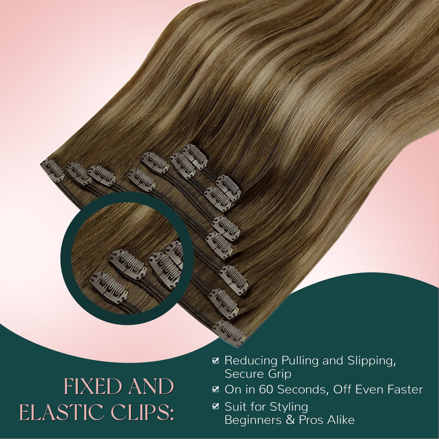 Easyouth Clip in Hair Extensions Human Hair Balayage, Remy Hair Clip in Extensions Ombre, Medium Brown Fading to Caramel Blonde, Real Hair Extension Clip in Human Hair for Beginners, 14In 85g 7pcs