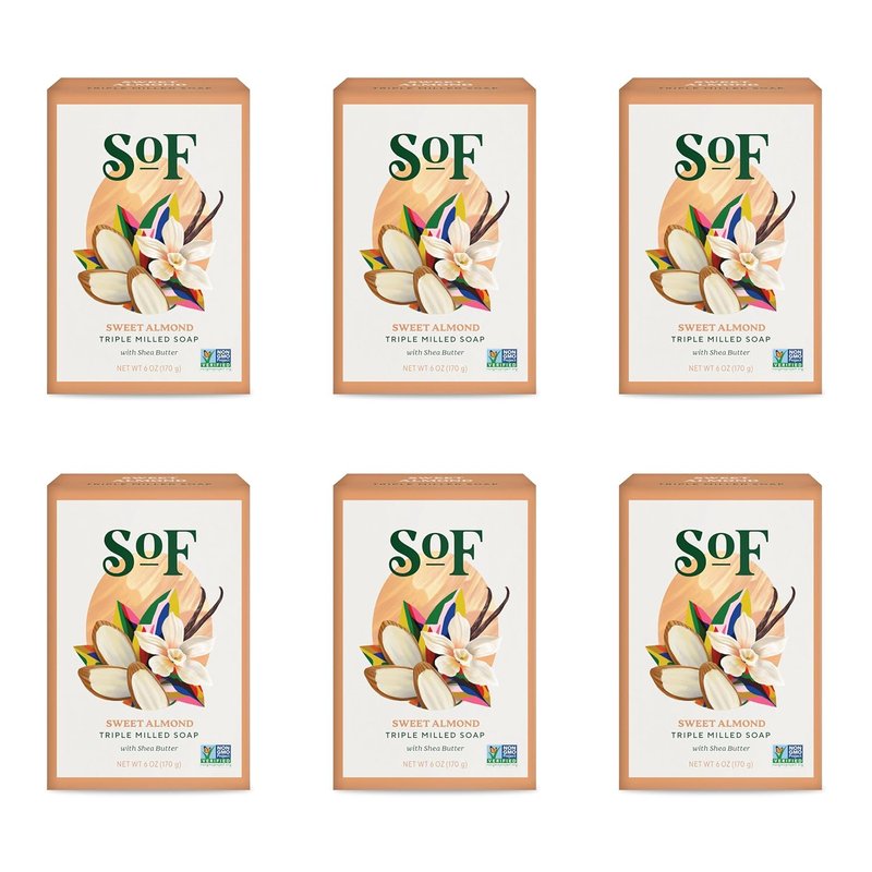 Triple Milled Bar Soap with Coconut Oil & Shea Butter - Vegan, Non-GMO, Sweet Almond - 6 oz Bar (Pack of 6)