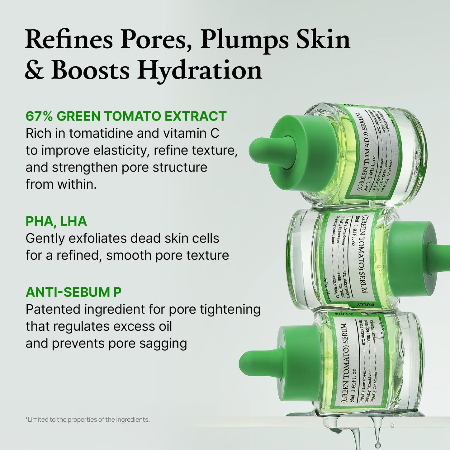 FULLY Green Tomato Serum, Pore Tightening with 67% Green Tomato Extract, Vit C and PHA, Elastcity Boosting and Skin Moisturization, Fragrance Free, Vegan & Dermatologically Tested, 1.01 fl.oz