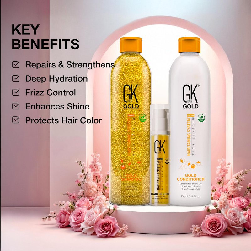 GK Hair Gold Shampoo and Conditioner Duo with Free Argan Oil Serum Contains Argan Oil, Shea Butter, Natural Oils for Hairs Moisturizing Shine and Protection