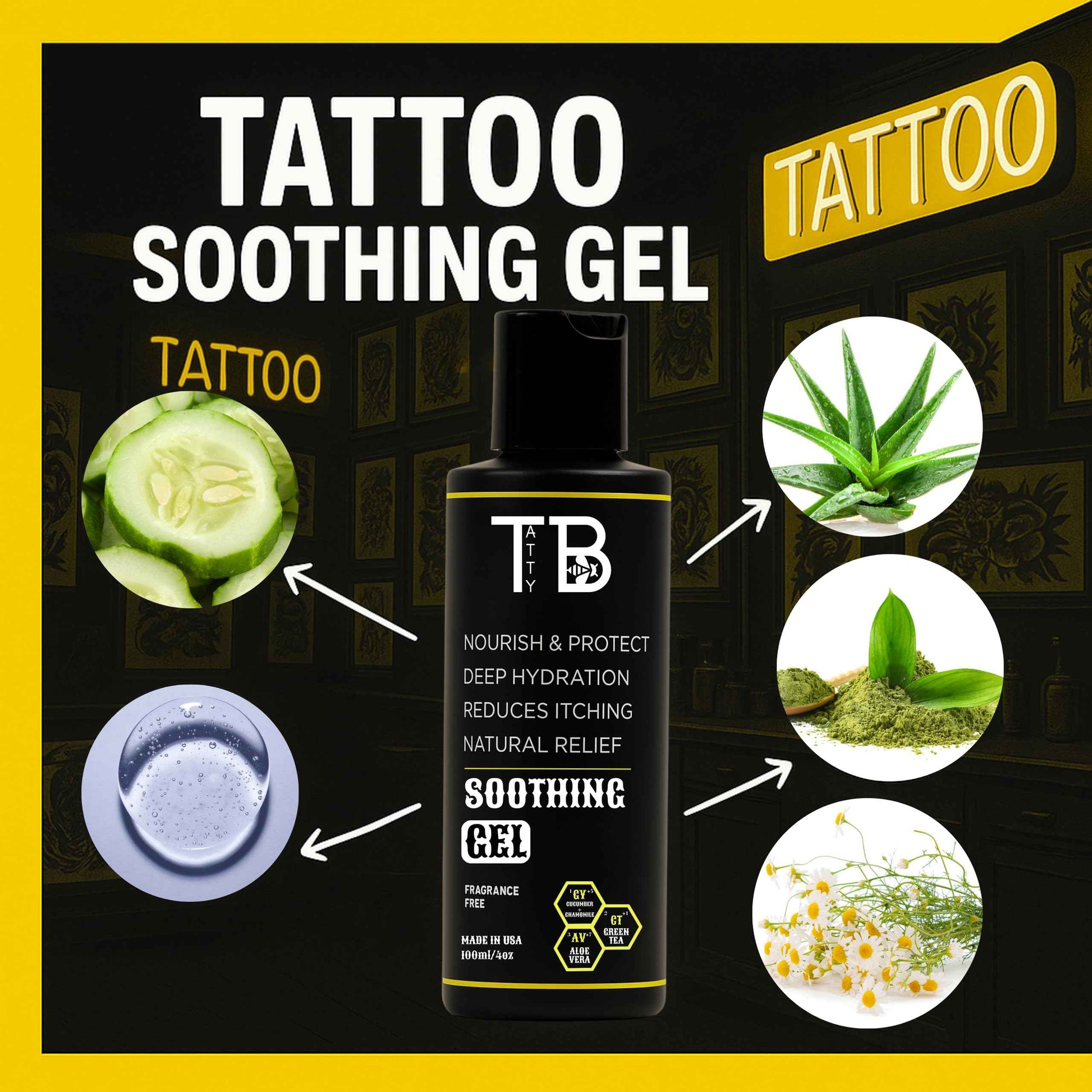 TattyBee Tattoo Soothing Gel & Moisturizer – Calming Aftercare for New Tattoos – Aloe, Green Tea, Chamomile & Cucumber – Fast-Absorbing, Fragrance-Free Hydration – 4oz