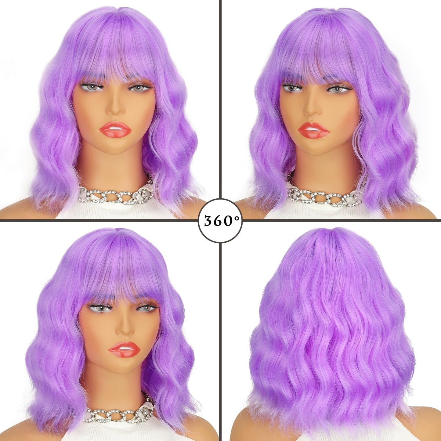 LINGHANG Purple Wig with Bangs Short Light Purple Wigs for Women, Lavender Purple Bob Wavy Wig Synthetic Cosplay Wigs for Party Halloween Party