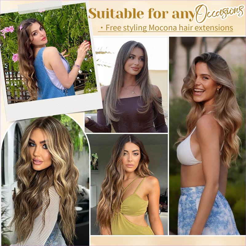 Mocona Clip in Hair Extensions Real Human Hair, 12 Inch 7pcs 70g/Pack - Ombre Chocolate Brown to Caramel Blonde, Soft Hair Extensions Real Human Hair Clip ins Straight for Women (12 Inch)