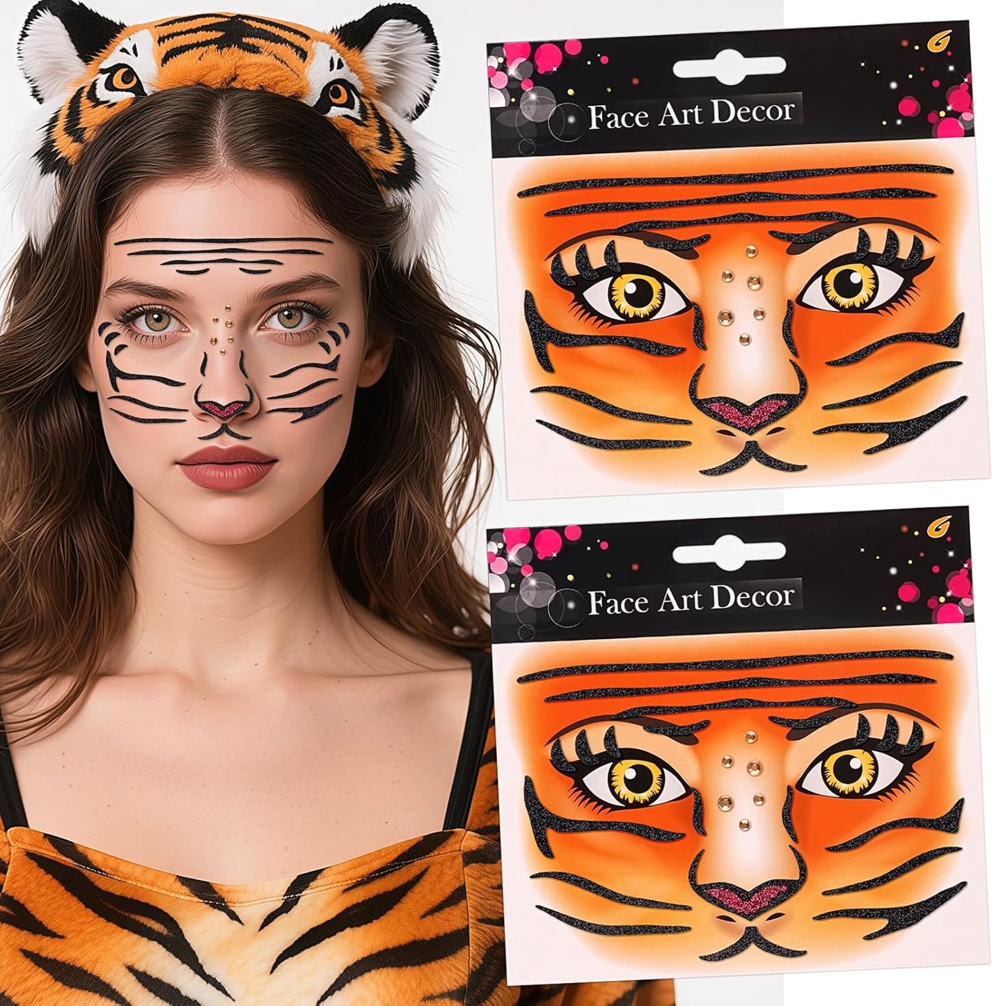 Tiger Face Tattoo Stickers - Glitter Temporary Face Jewels for Adults & Kids | 2 Pcs for Makeup & Party Decor