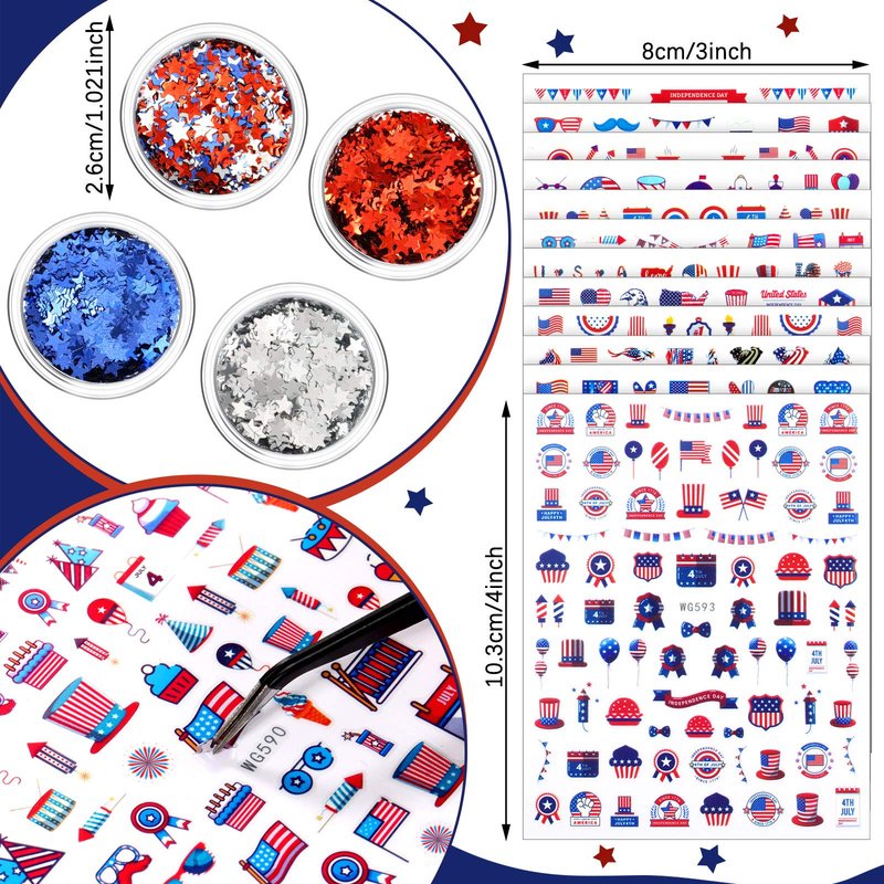 Maitys 12 Sheets 4th of July Nail Stickers with 12 Boxes Sequins 250th Anniversary Independence Day Decals 3D Self-Adhesive Patriotic Flag Nail Stickers for Women Manicure Supplies for Women Girls