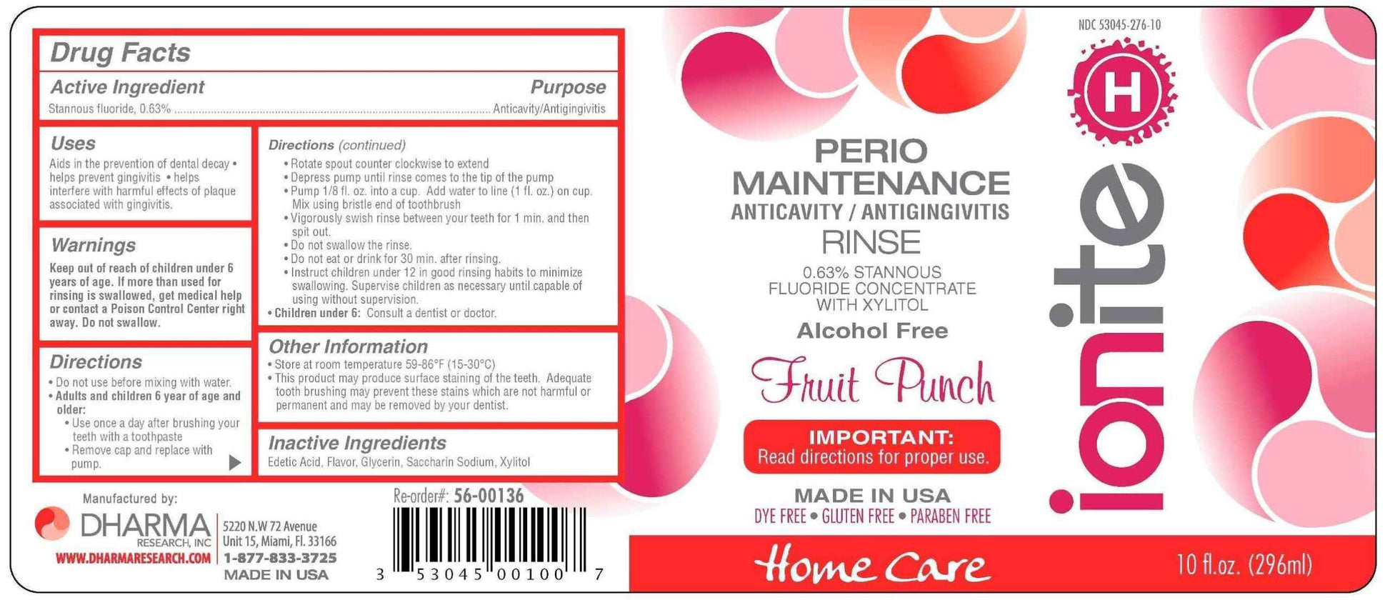 Ionite-H Home Care 0.63% Stannous Fluoride Perio Maintenance Rinse Mouthwash - with Mixing Cup/Shaker and Dispensing Pump (10 Fl oz, FruitPunch)