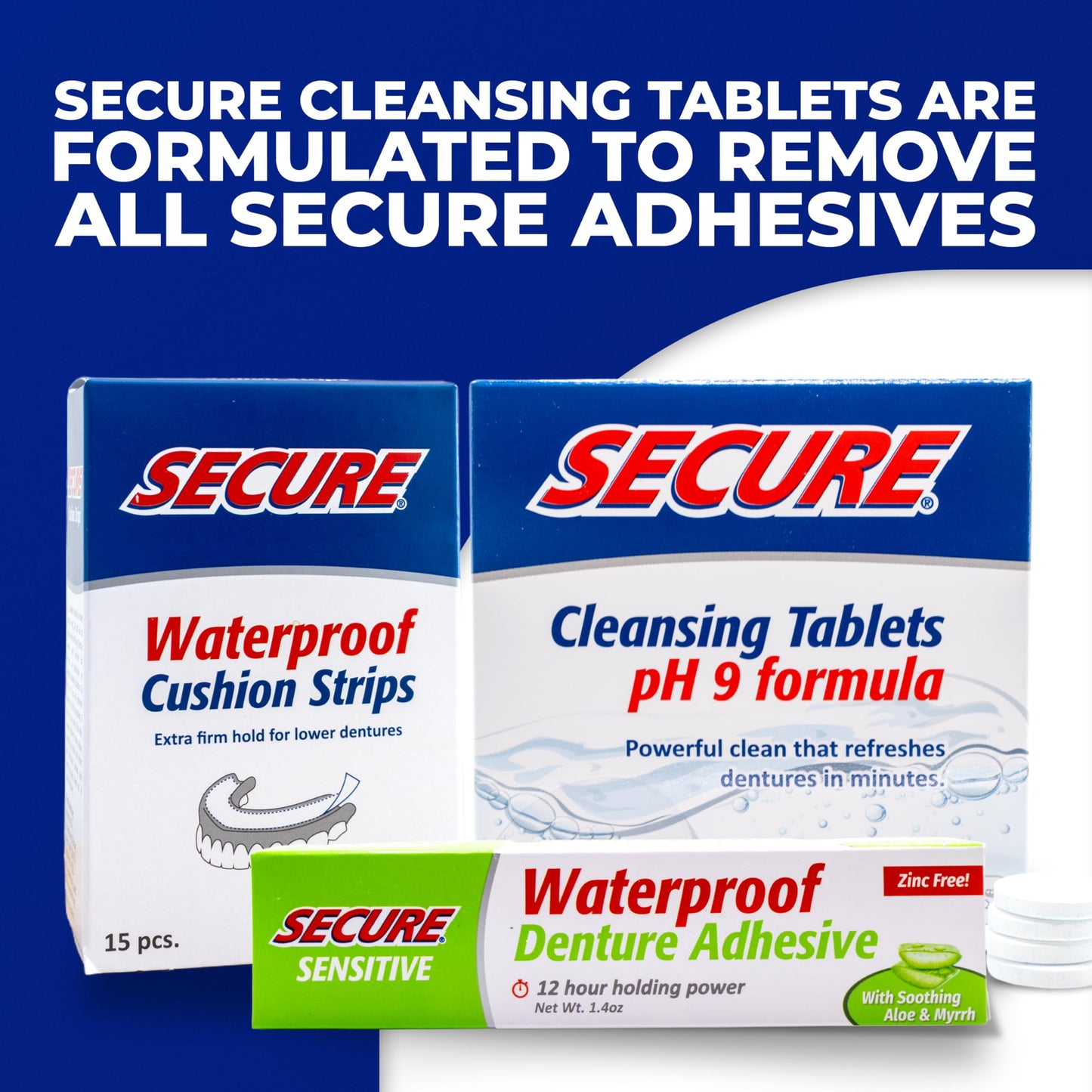 Secure Sensitive Denture Adhesive with Aloe Vera & Myrrh to Nourish Your Gums – Uppers, Lowers & Partials - Waterproof & Zinc Free - Food Grade Ingredients - Less Adhesive, More Hold - 1.4 oz (5 Pack)