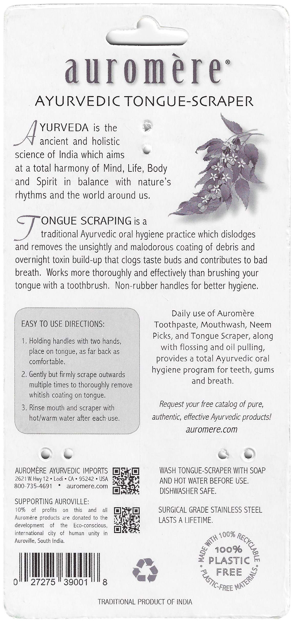 Auromere Tongue Cleaner, Ancient Oral Hygiene, Eco Friendly, Zero Waste, Stainless Steel, Eliminate Bad Breath (6 Pack)