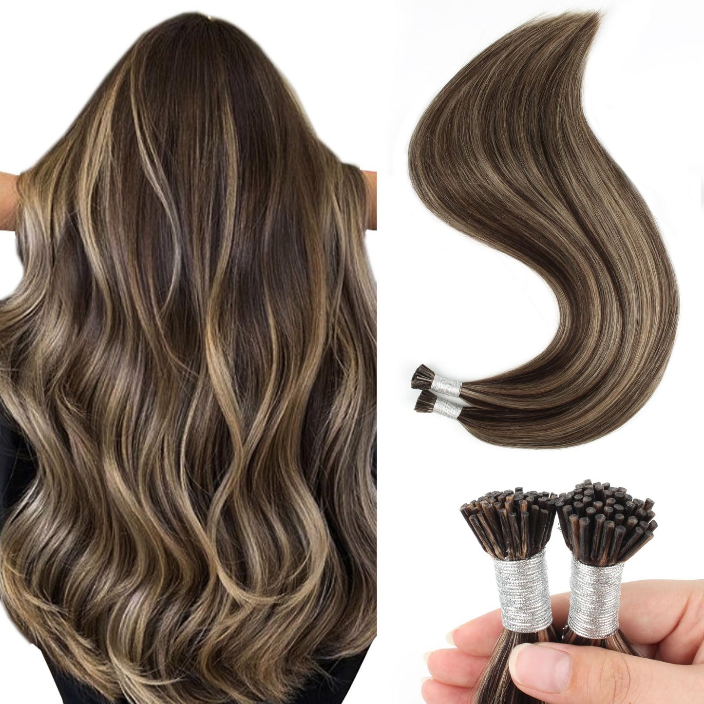 Sixstarhair Itip Hair Extensions Human Hair I Tip Extensions Chocolate Brown Highlighted Caramel Blonde Color 4/27 Cold Fusion Keratin Hair Extensions 14 Inch 50g/Pack 100Strands