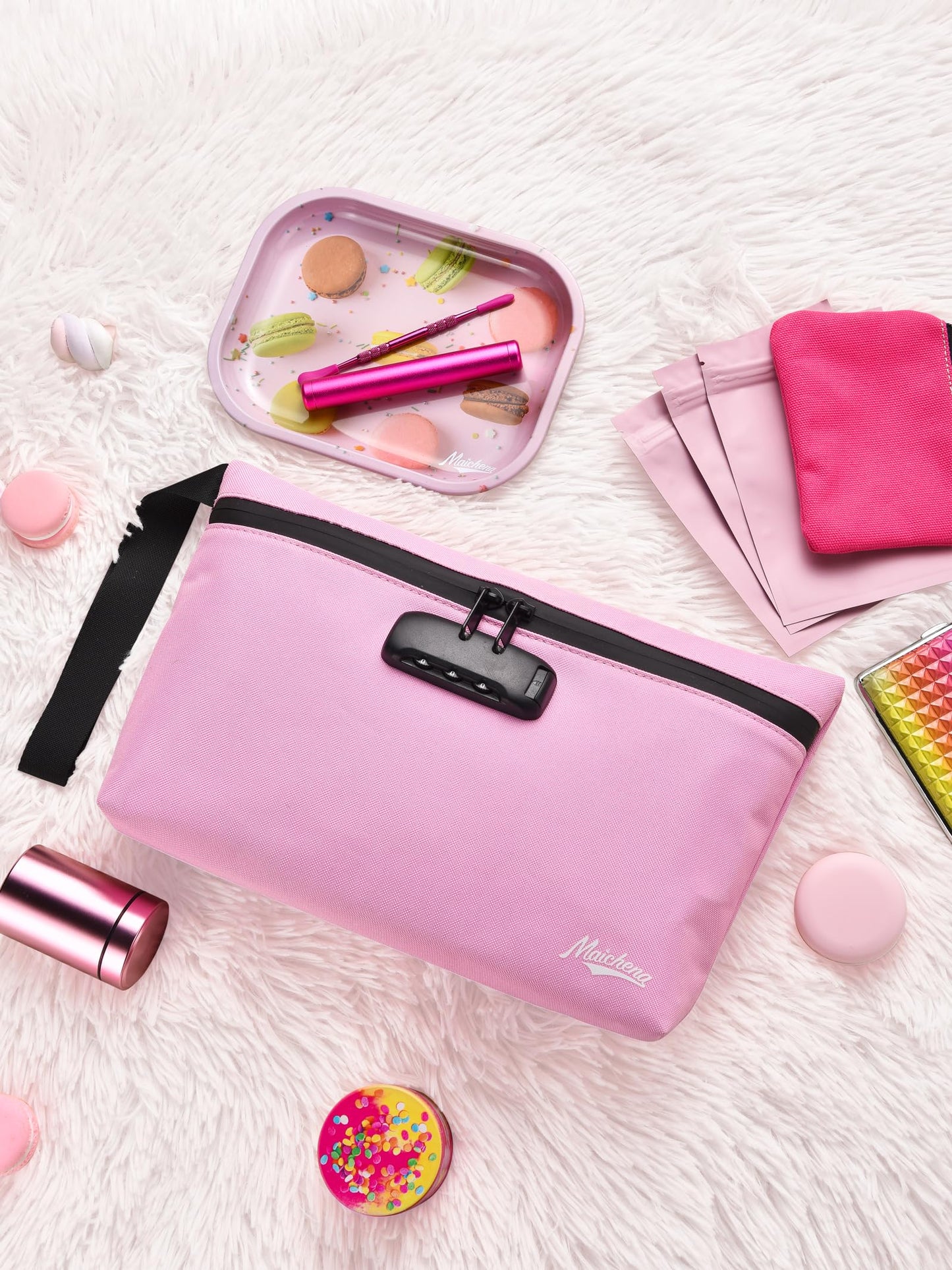 MAICHENG Smell Proof Bag with Combination Lock and 10 Accessories, Travel Medicine Odorless Storage Lock Box Case Container, Unique Design, Ideal Gift for Women, Pink