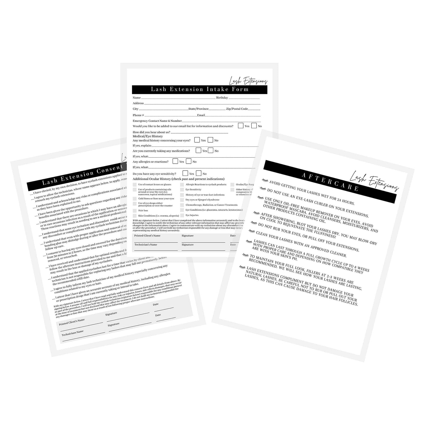 Lash Extension Consent, Intake, Aftercare Forms | 75 Pack | 8.5x11" Paper Size | Eyelash Extension Supplies