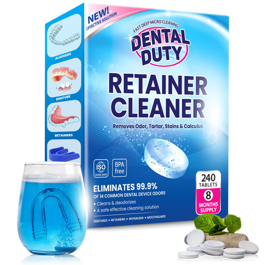 Dental Duty Retainer Cleaner Tablets – Fast Invisalign & Denture Cleaning Tablets for Aligners, Retainers & Mouthguards – Removes Odor, Plaque & Stains in Minutes – 240 Count