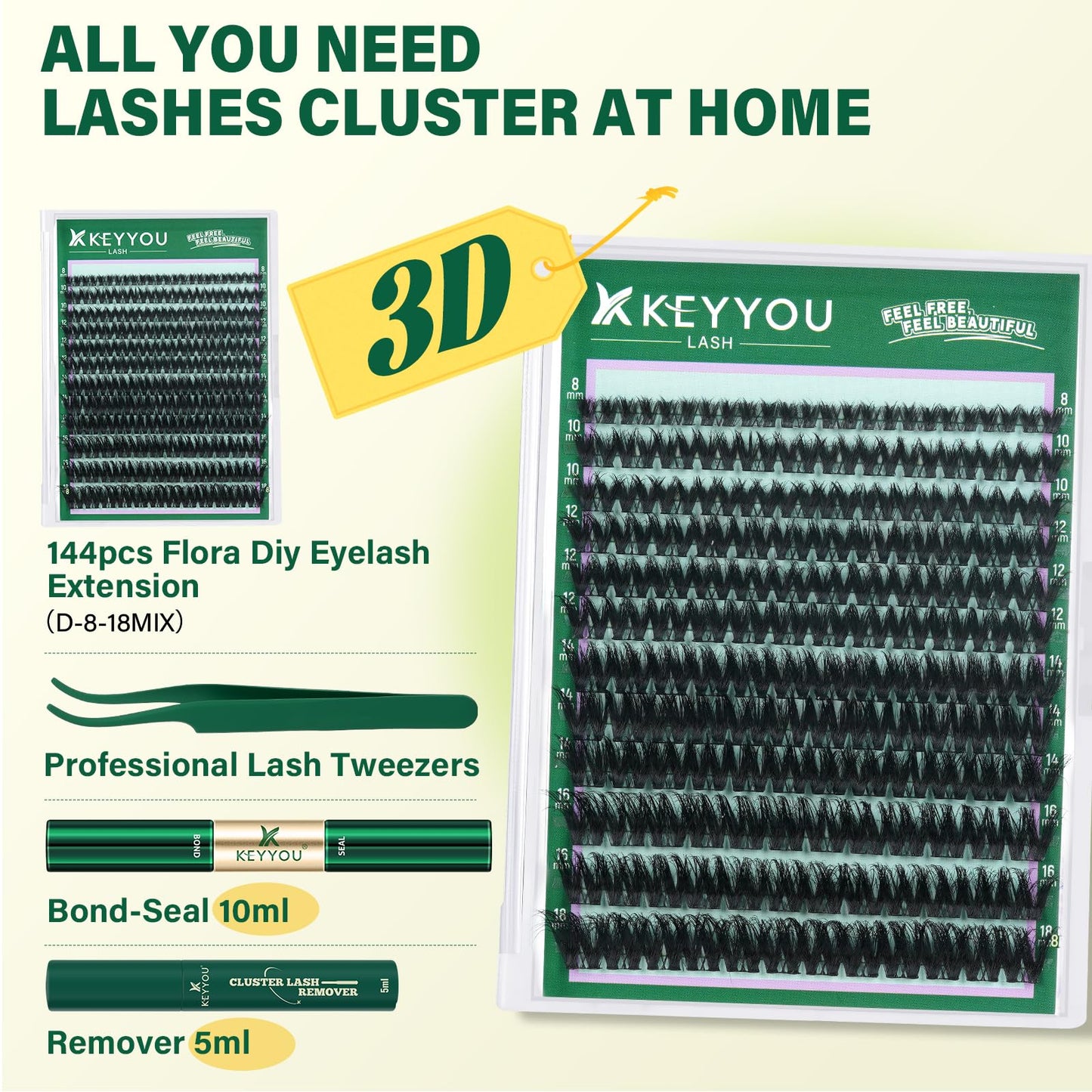 KEYYOU Flaunt Lash Clusters Kit 3D Spider DIY Lashes Extension Kit Thick Eyelash Clusters 144pcs Individual Lashes Fluffy Wispy Volume Lashes with Waterproof Lash Bond and Seal & Remover (F01)