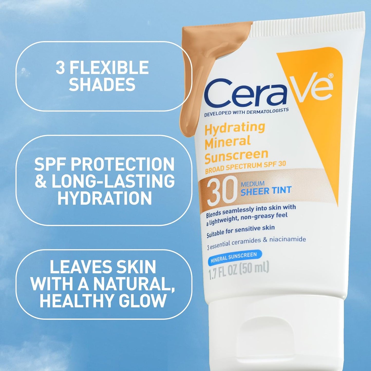 CeraVe Hydrating Mineral Sunscreen SPF 30 - Tinted Zinc Oxide Formula for Healthy Glow | Medium, 1.7 Fl Oz