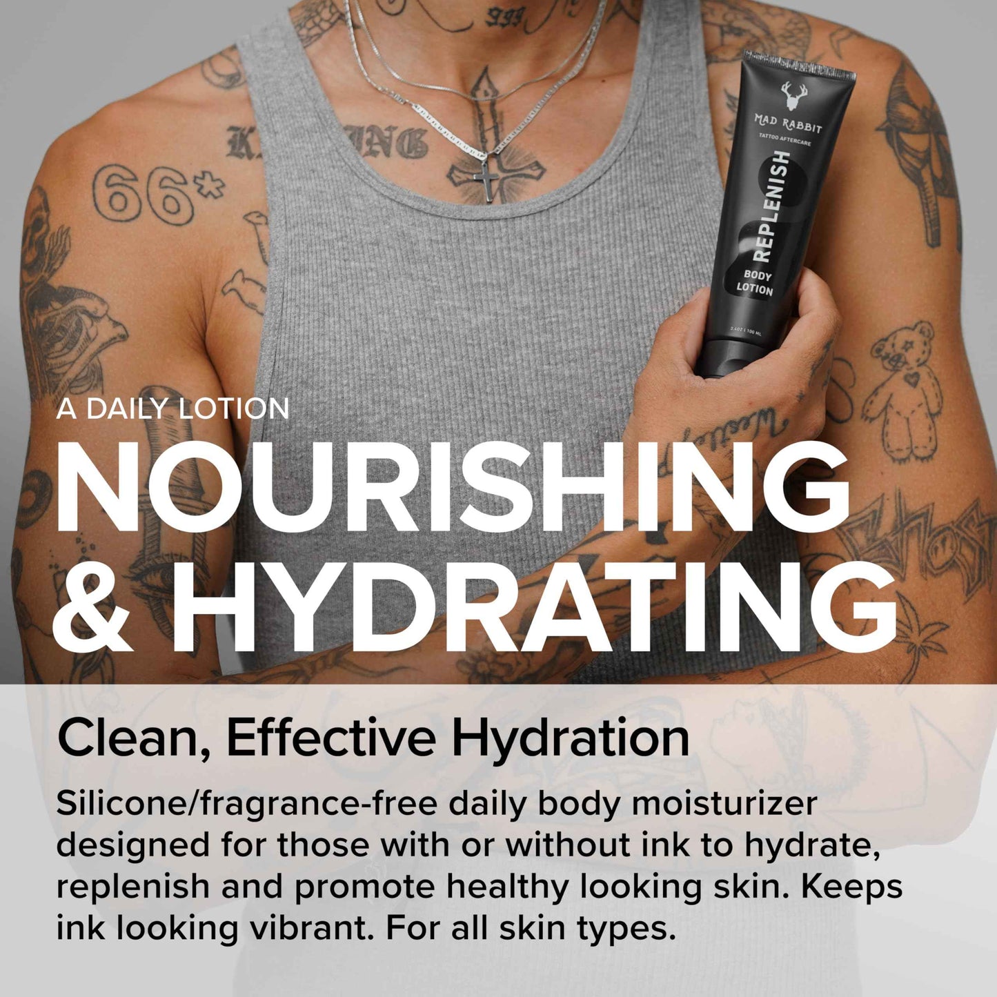 Mad Rabbit Replenish Tattoo Body Lotion - Fragrance-Free Lotion, Non-Greasy & Silicone-Free, Clean Ingredients, Lightweight for Daily Use (3.4 Fl Oz)