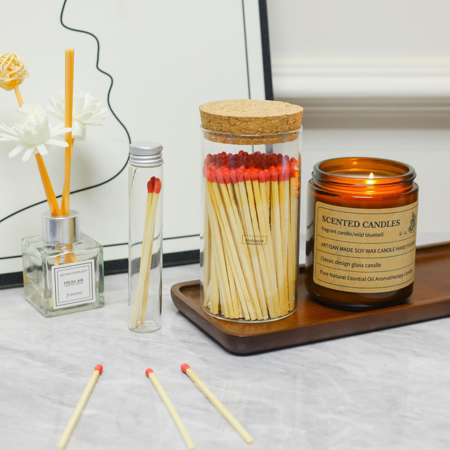 Meya Luxury Colored Safety Matches | 4-Inch Long Matches in Glass Jar | Perfect for Lighting Candles | 150 PIECES | 10 CANDLES AND EXTRA EMPTY JAR GIFT (RED)