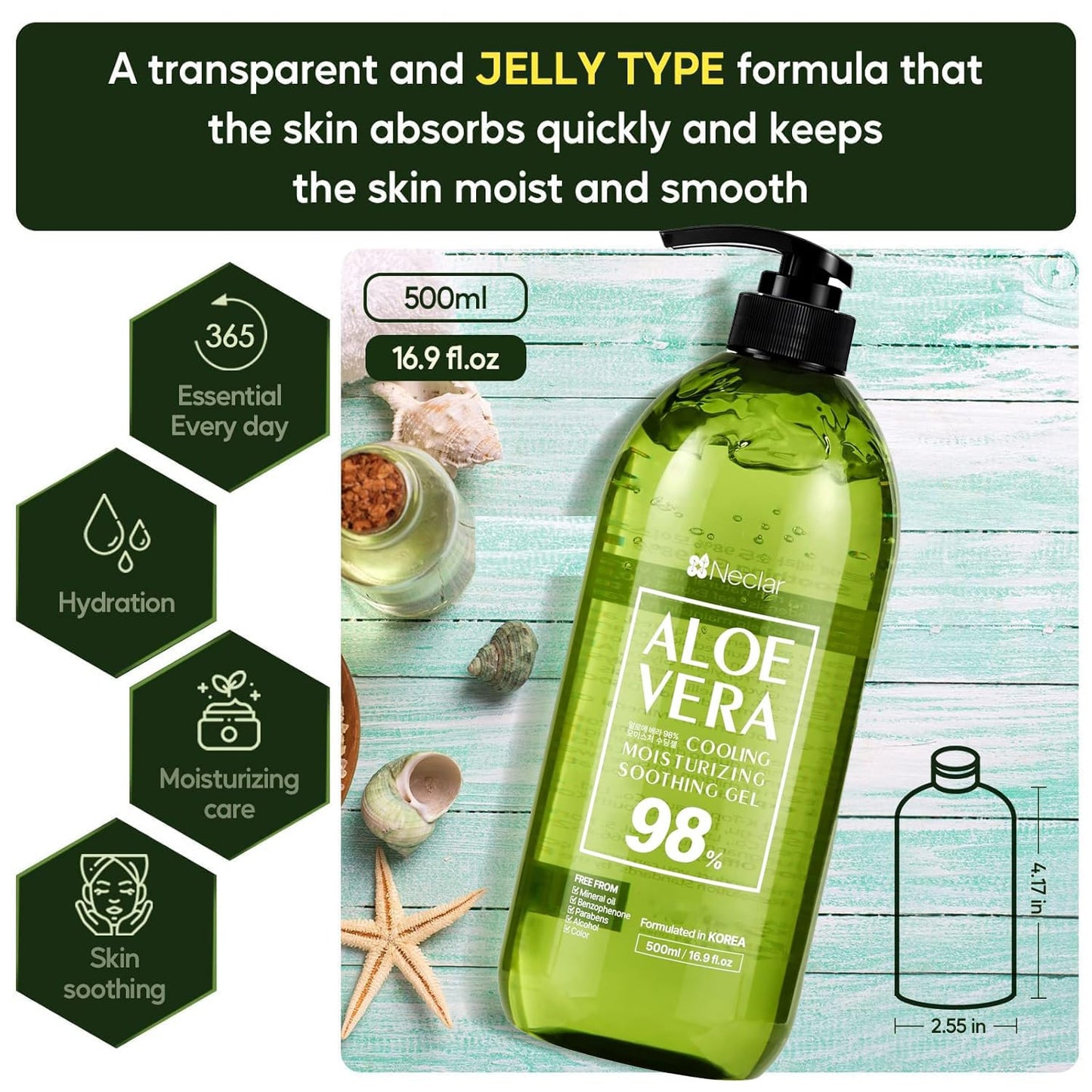 Neclar 98% Pure Aloe Vera Gel for Sunburn Relief - Big 16.9 oz / 500ml - Korean After Sun Care lotion For Face, Skin and Hair - Sun Burn Moisturizer Cream (16.9 Fl oz)