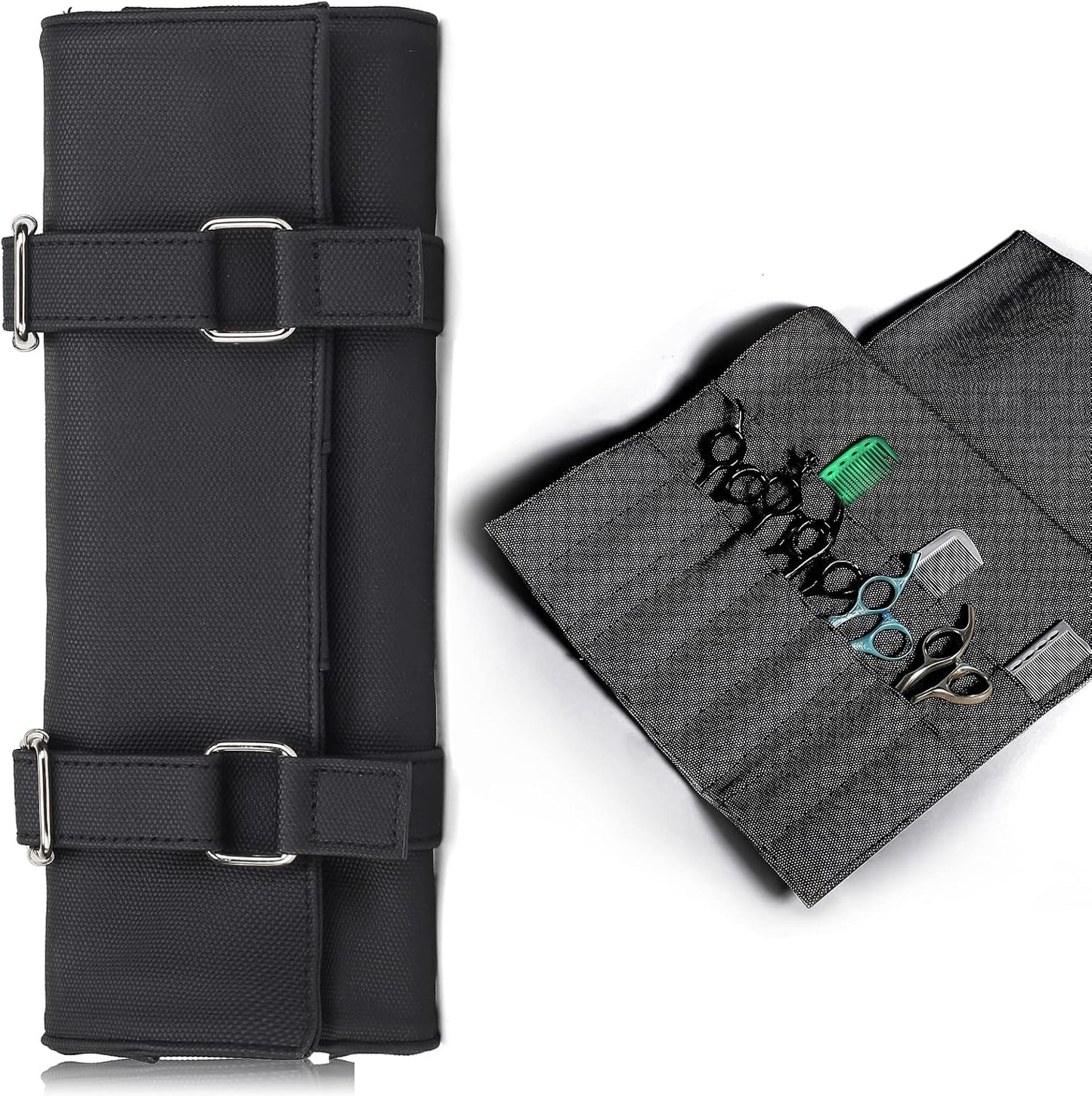 Salon Scissors Bag Roll-Up | 14 Pocket PU Grooming Scissors Holder for Hairdressers - Black
