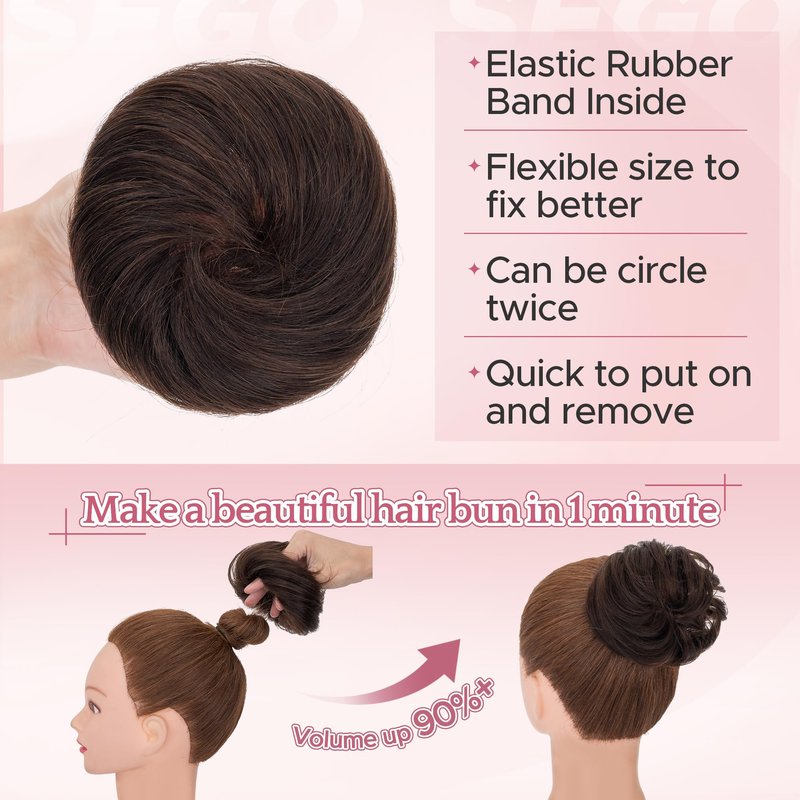 SEGO Messy Human Hair Bun Hairpieces Real Scrunchies 30g Larger Straight Tousled Bun Updo Donut Chignon Ponytail Extensions for Women Girls-1 Count 30g #2R Dark Brown
