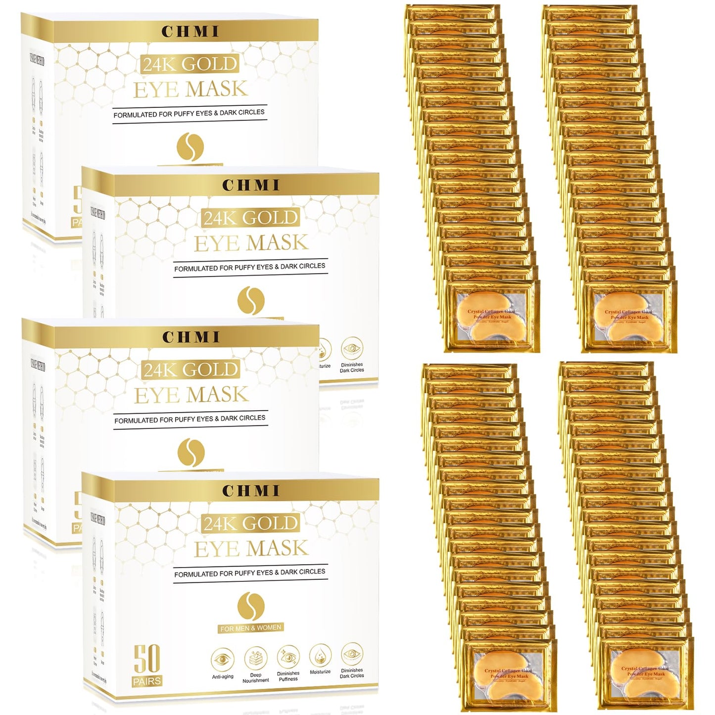 CHMI Under Eye Patches (200 Pairs) - 24K Gold Eye Patches for Puffy Eyes, Dark Circles, EyeBags and Wrinkles, Collagen Skin Care Products, Beauty & Personal Care