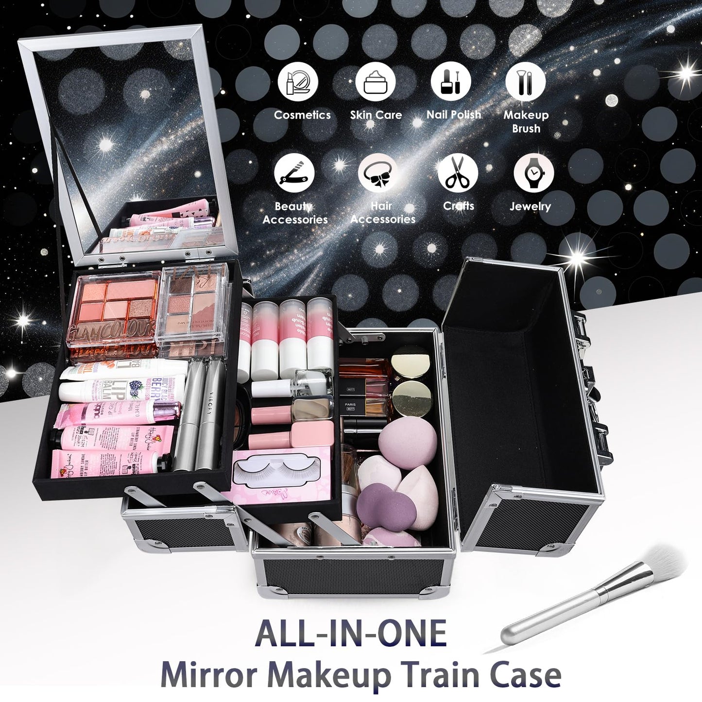 FRENESSA Makeup Case Organizer Cosmetic Box Storage Portable Makeup Train Case with Mirror 2 Trays Travel Vanity Box for Cosmetics Nail Kits Craft Tools Case Aluminum Hard Make Up Organizer Black