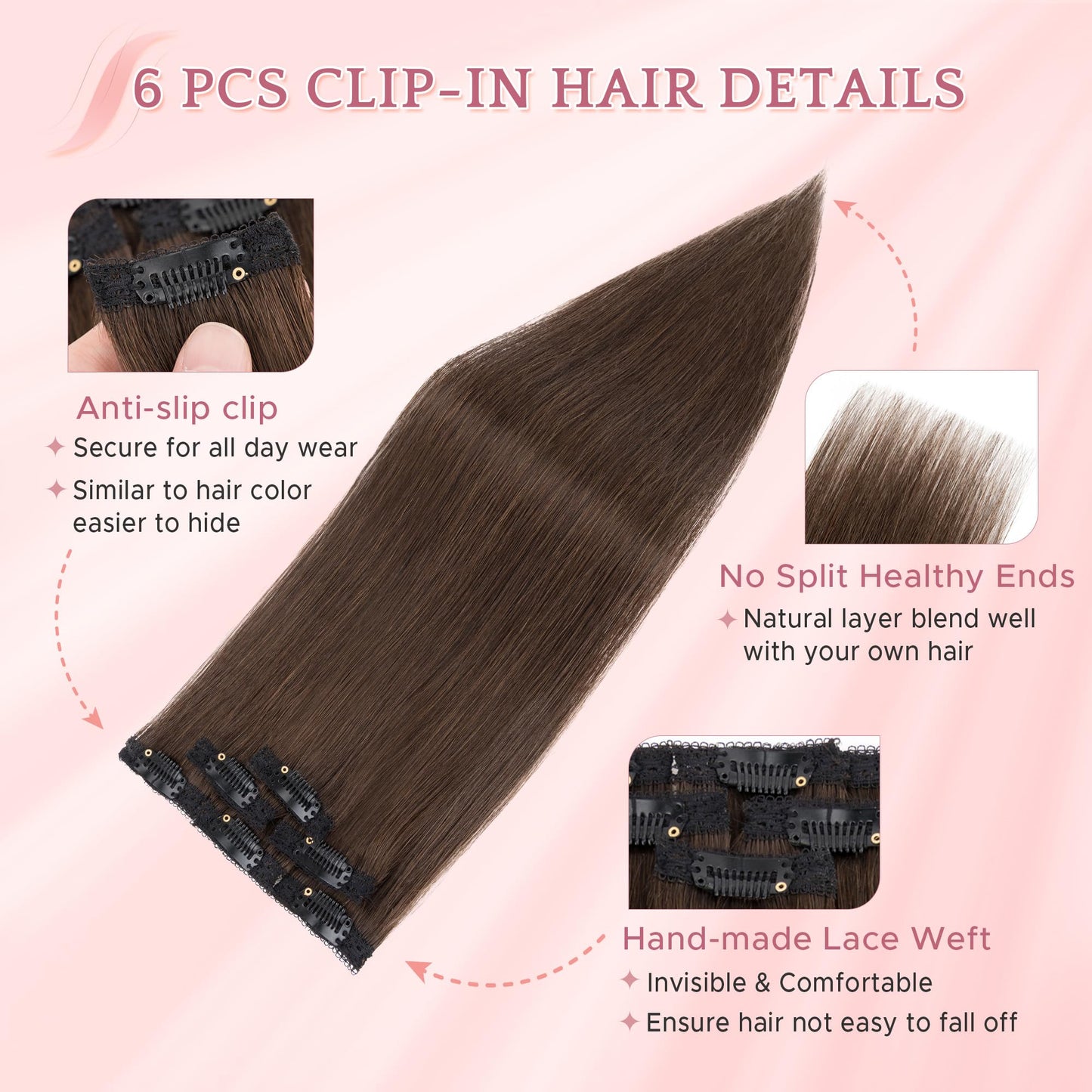 SEGO Single Clip In Hair Extensions Real Human Hair 6 Pcs Individual Clip Ins Remy Straight Soft Seamless Hairpieces for Women -14 Inch #02R Dark Brown